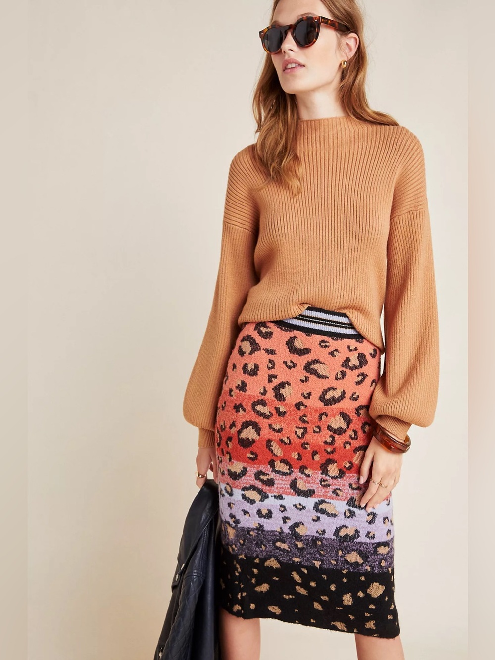 Anthropologie Leopard Ombre Knit Midi Skirt in Coral, Purple, Black